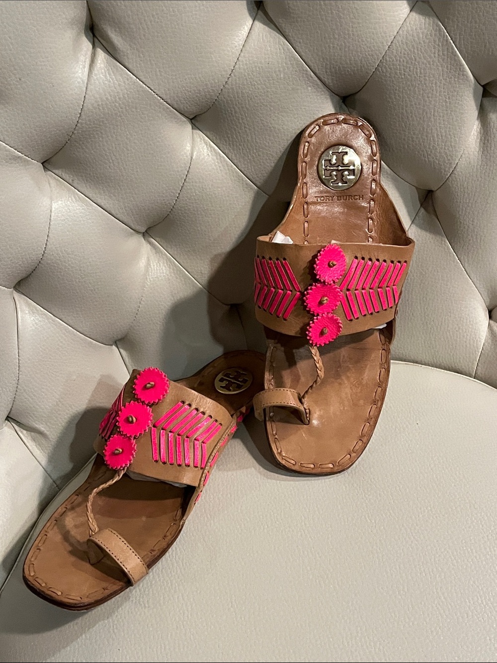 Tory Burch Tan Leather Sandals with Hot Pink Trim RARE FIND BOHO STYLE - Picture 2 of 10